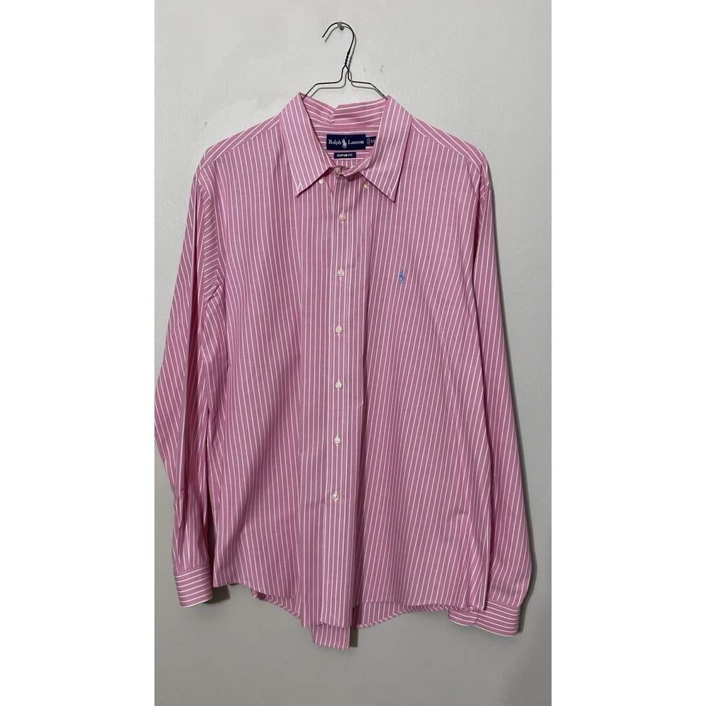 Ralph Lauren Shirt Mens 2XL XXL Pink Stripe Long Sleeve Button Down Custom Fit‎